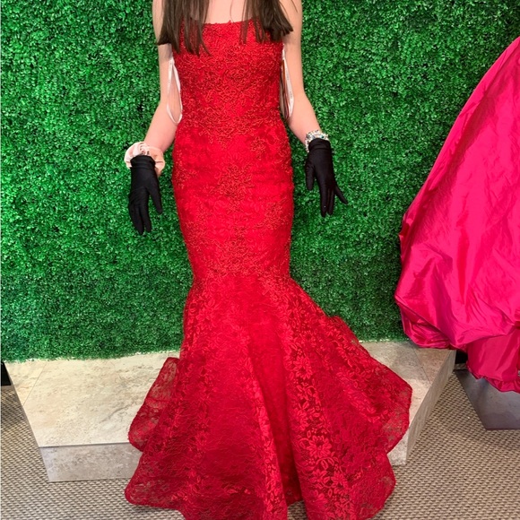 Red Lace Prom Dress - Picture 1 of 3